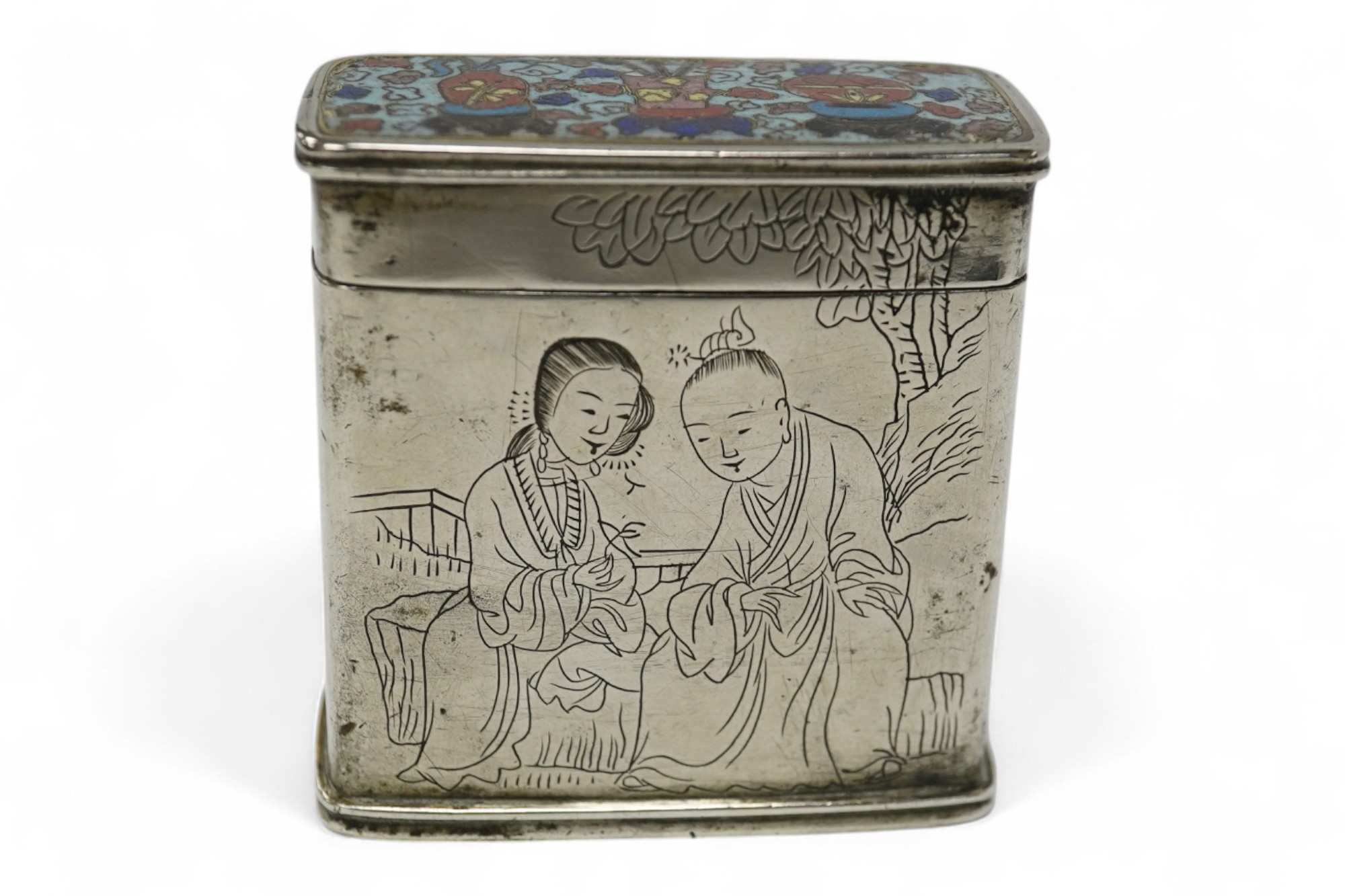 A Chinese paktong and cloisonné enamel rectangular box and cover, 6cm high. Condition - fair to good